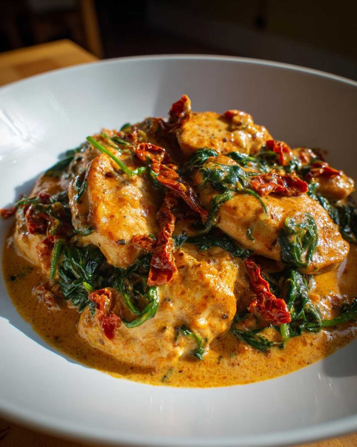 Close-up of Creamy Cajun Chicken Skillet pieces smothered in a rich cream sauce with spinach and sun-dried tomatoes.