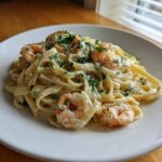 A close-up of creamy Garlic Butter Shrimp Alfredo Pasta garnished with fresh parsley on a white plate.