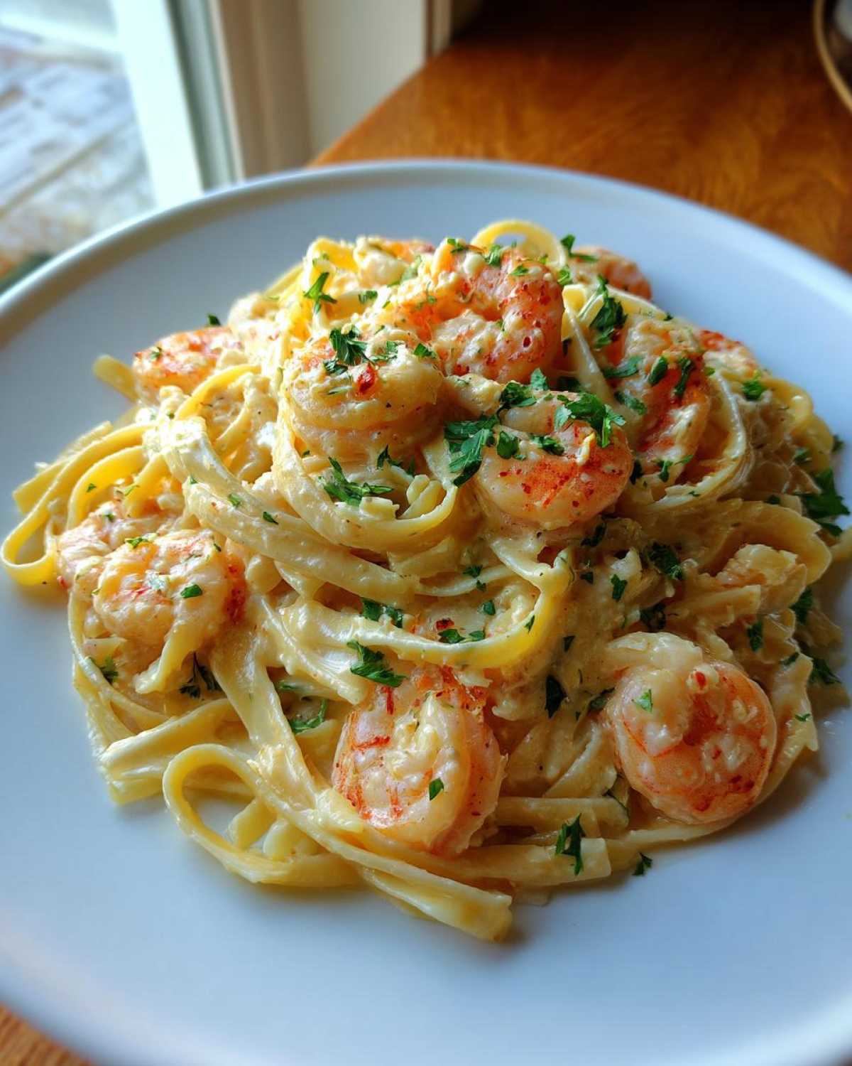 A close-up of a serving of creamy Garlic Butter Shrimp Alfredo Pasta topped with fresh parsley.