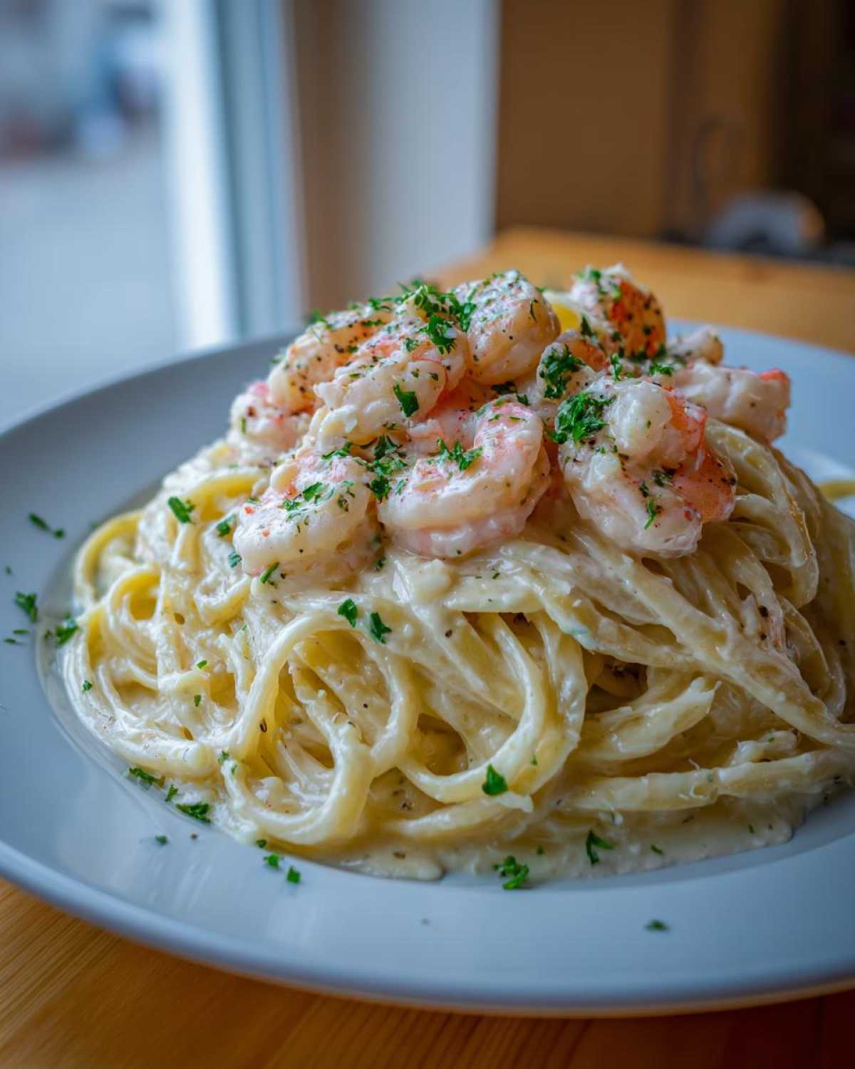A close-up of creamy Garlic Butter Shrimp Alfredo Pasta topped with pink shrimp and fresh parsley.