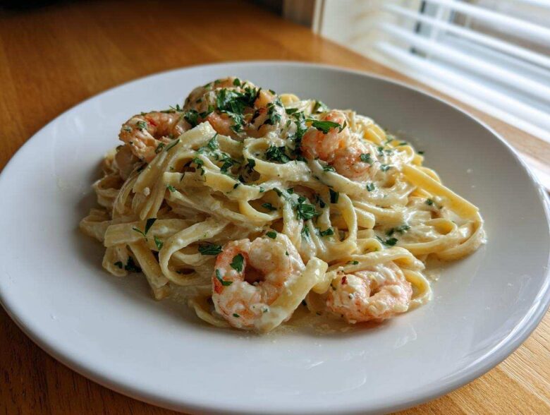 A close-up of creamy Garlic Butter Shrimp Alfredo Pasta garnished with fresh parsley on a white plate.