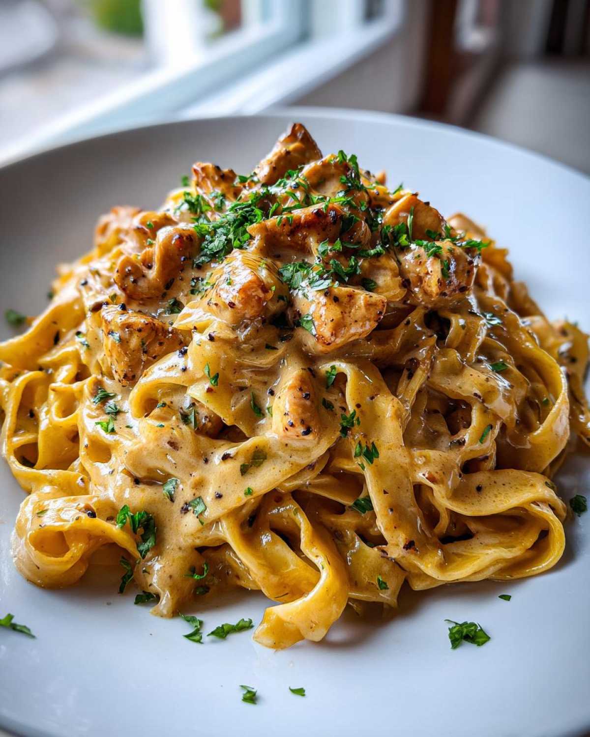 A close-up of creamy Honey Garlic Chicken Pasta with fettuccine noodles, topped with chopped parsley.