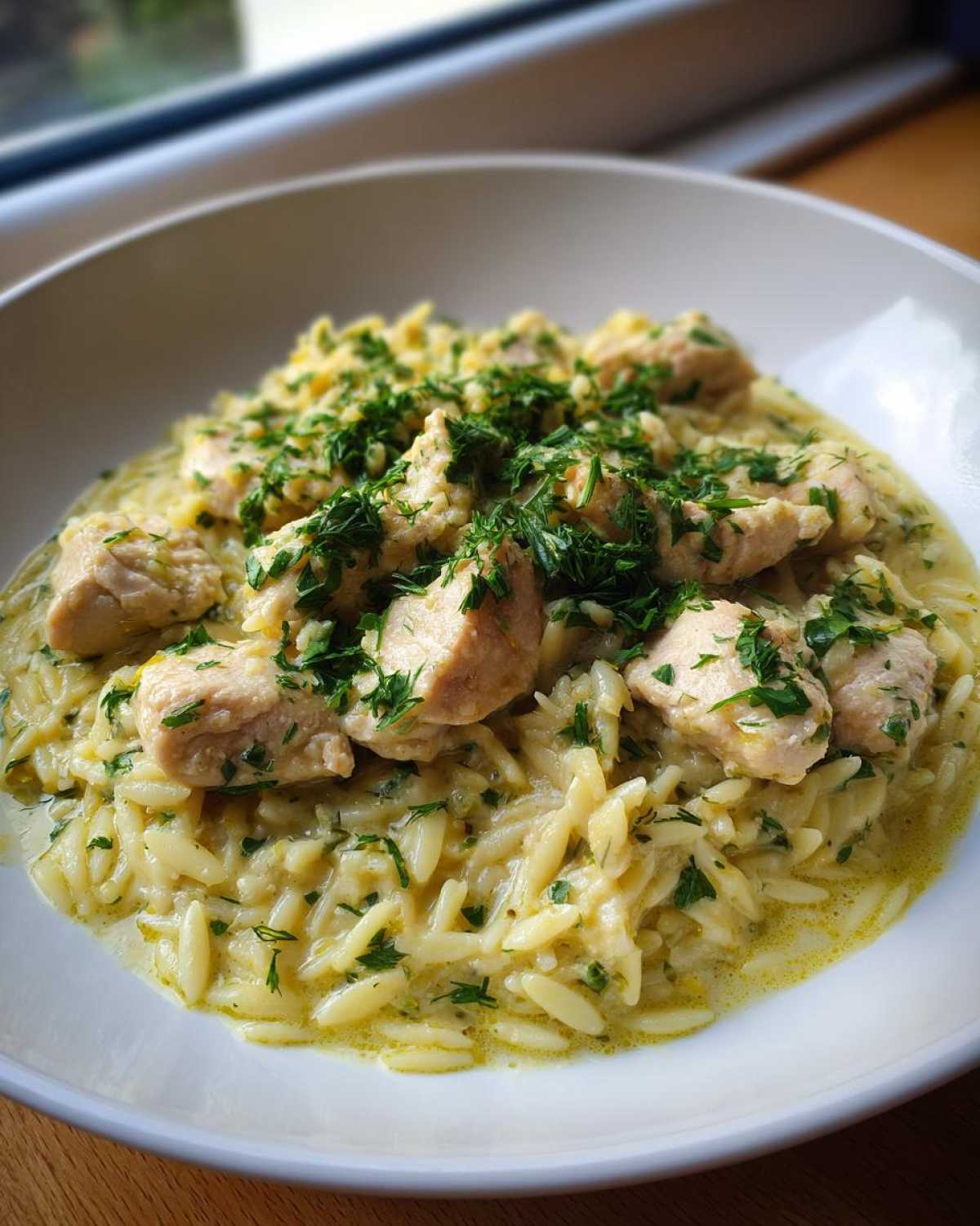 A close-up of Creamy Lemon Chicken Orzo with Fresh Herbs, topped with chopped parsley, served in a white bowl.