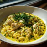 A close-up of Creamy Lemon Chicken Orzo in a white bowl, topped with fresh dill.