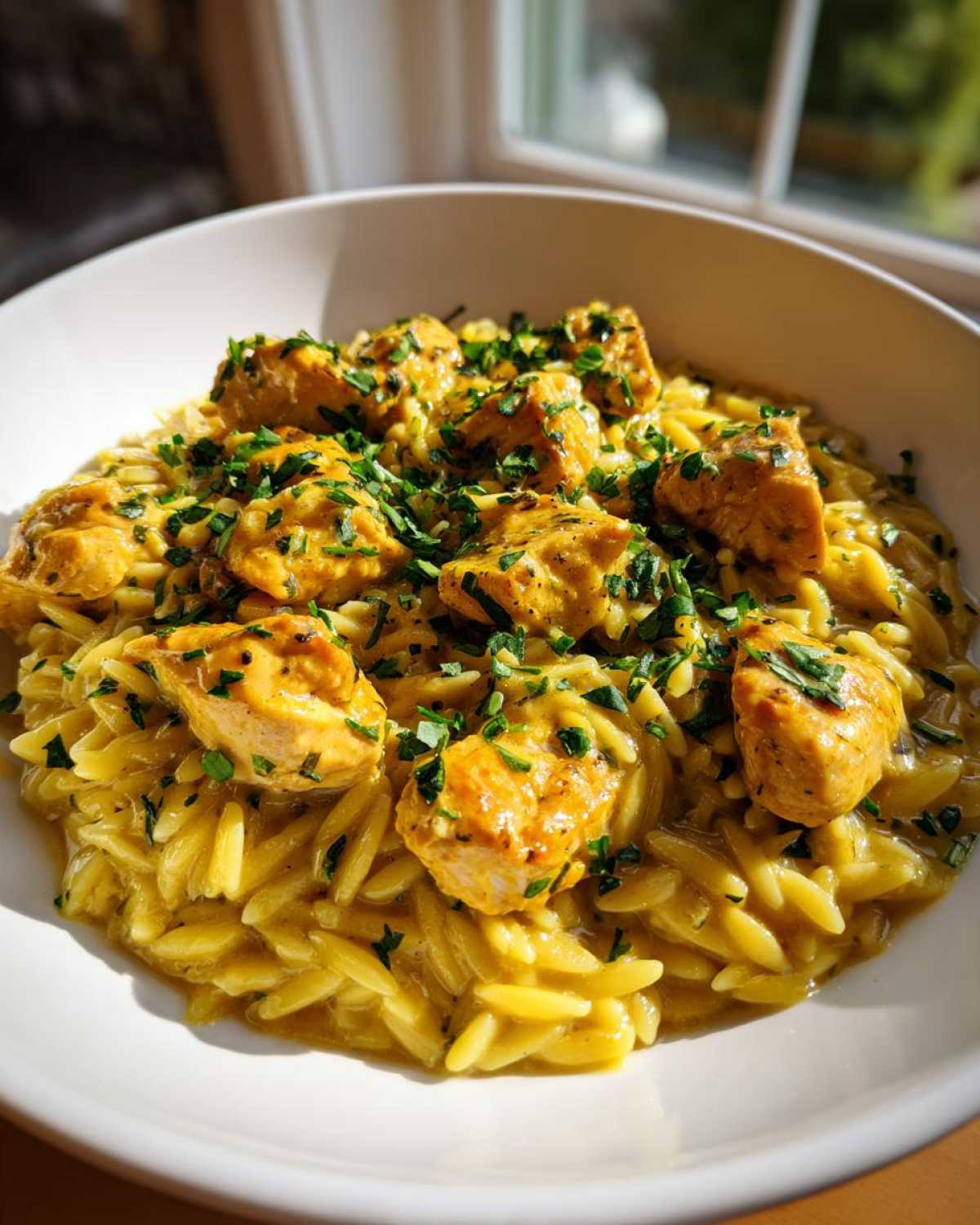 Close-up of a bowl of Creamy Lemon Chicken Orzo with tender chicken pieces and fresh herbs.