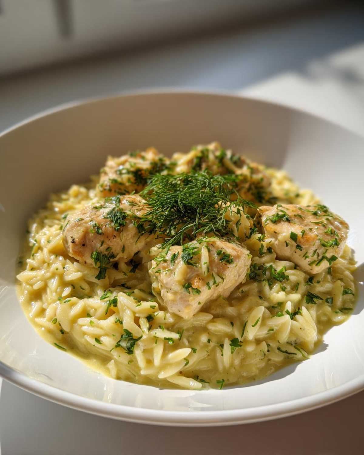 A close-up of Creamy Lemon Chicken Orzo with chunks of chicken topped generously with fresh dill and parsley.