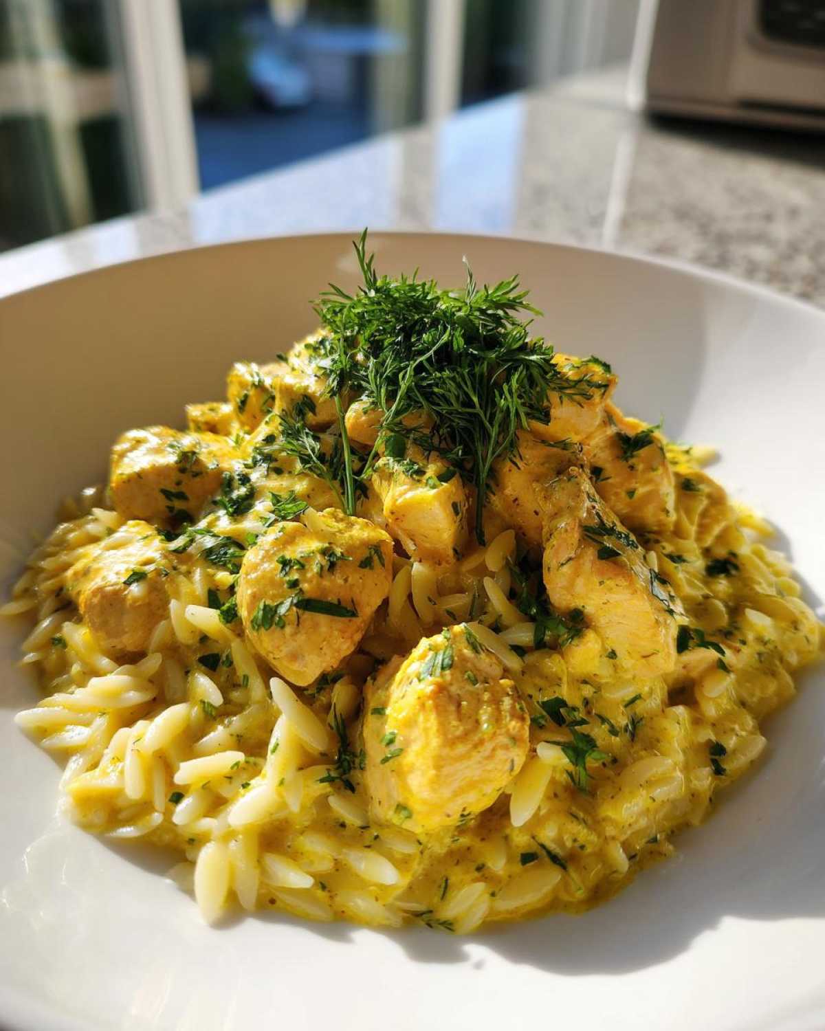 A bowl of Creamy Lemon Chicken Orzo with chunks of seasoned chicken and topped with fresh dill.