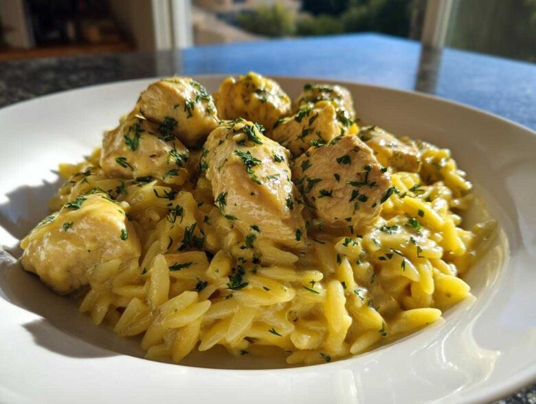A close-up of a white bowl filled with Creamy Lemon Chicken Orzo with Fresh Herbs, topped with chunks of chicken.