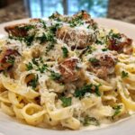 Close-up of Creamy Lemon Garlic Pasta with Chicken, topped with grated Parmesan and fresh parsley.