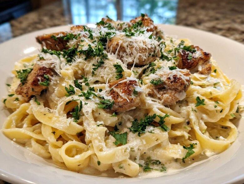 Close-up of Creamy Lemon Garlic Pasta with Chicken, topped with grated Parmesan and fresh parsley.