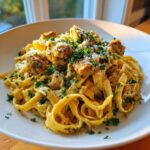 A close-up of Creamy Lemon Garlic Pasta with Chicken, topped with Parmesan and fresh parsley.