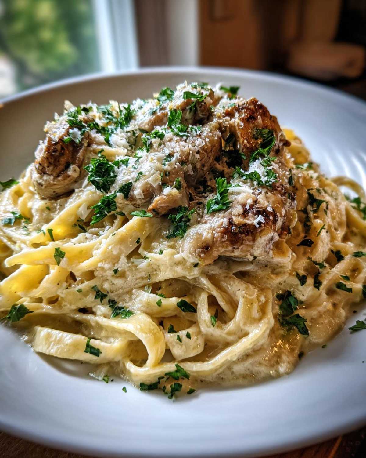 Close-up of a white bowl filled with Creamy Lemon Garlic Pasta with Chicken, topped with grated cheese and parsley.