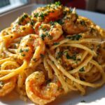 Close-up of a plate piled high with Creamy Lemon Garlic Shrimp Pasta, topped with sautéed shrimp and fresh parsley.