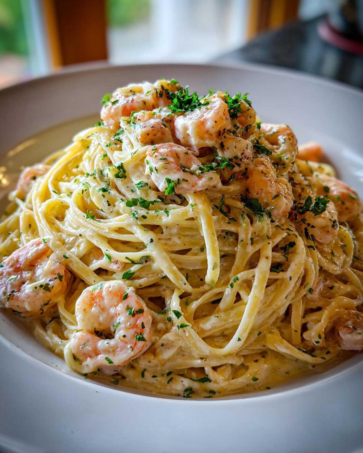 A close-up of a generous serving of Creamy Lemon Garlic Shrimp Pasta tossed in a rich sauce and topped with sautéed shrimp and fresh parsley.