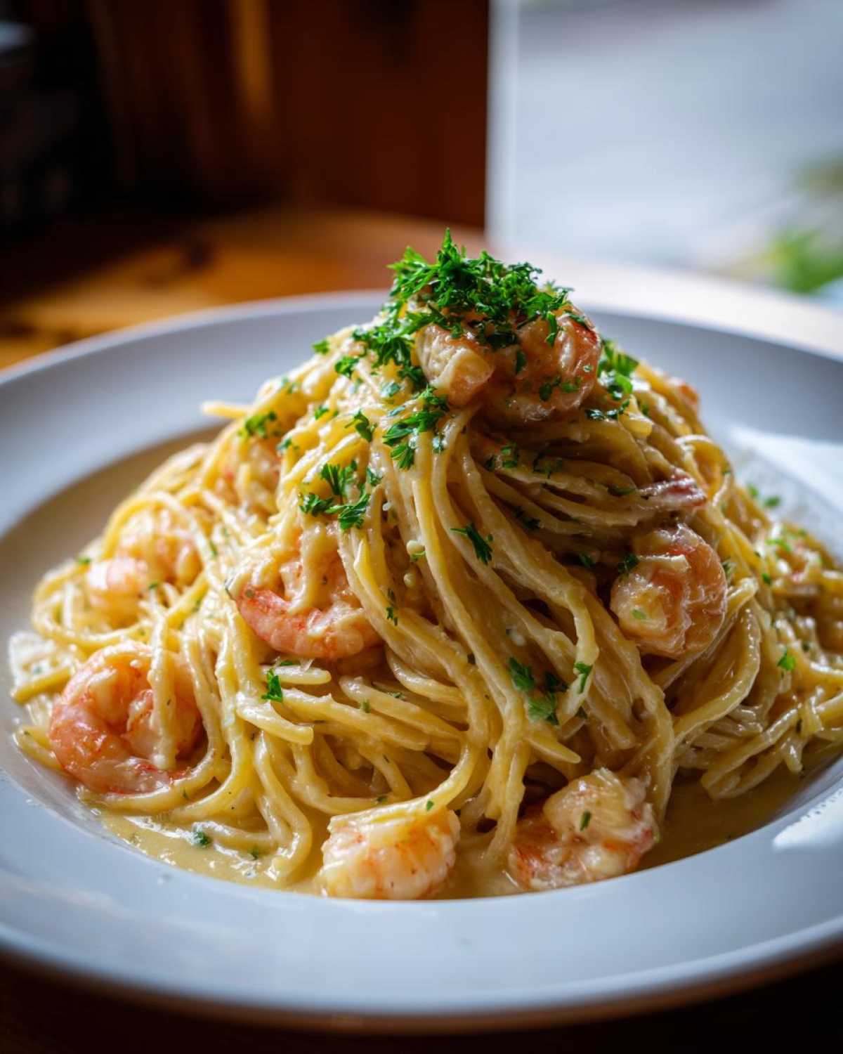 A generous serving of Creamy Lemon Garlic Shrimp Pasta tossed in a rich sauce and topped with fresh parsley.