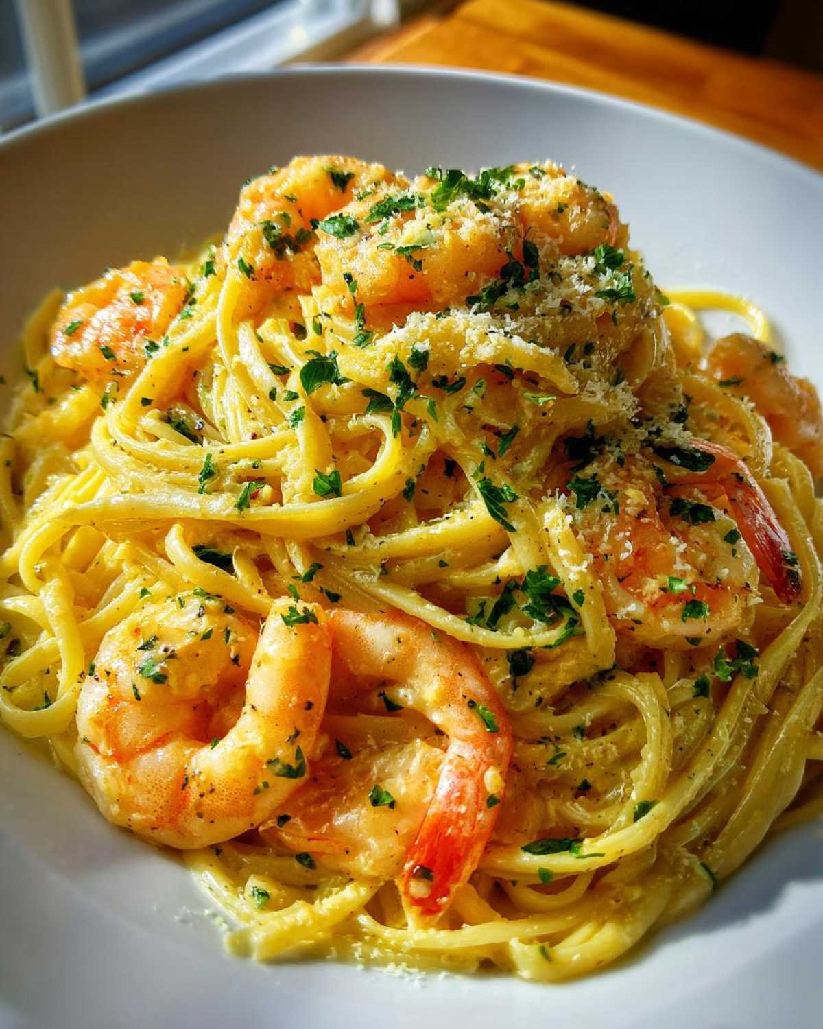 Close-up of Creamy Lemon Garlic Shrimp Pasta tossed in a rich sauce, topped with shrimp, parsley, and grated cheese.