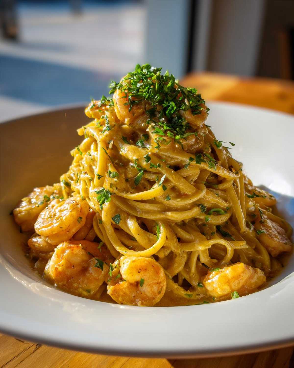 Tall serving of Creamy Lemon Garlic Shrimp Pasta Fresh Taste, topped with fresh parsley.