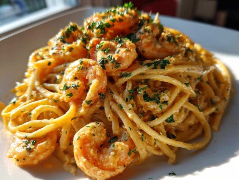 Close-up of a plate piled high with Creamy Lemon Garlic Shrimp Pasta, topped with sautéed shrimp and fresh parsley.