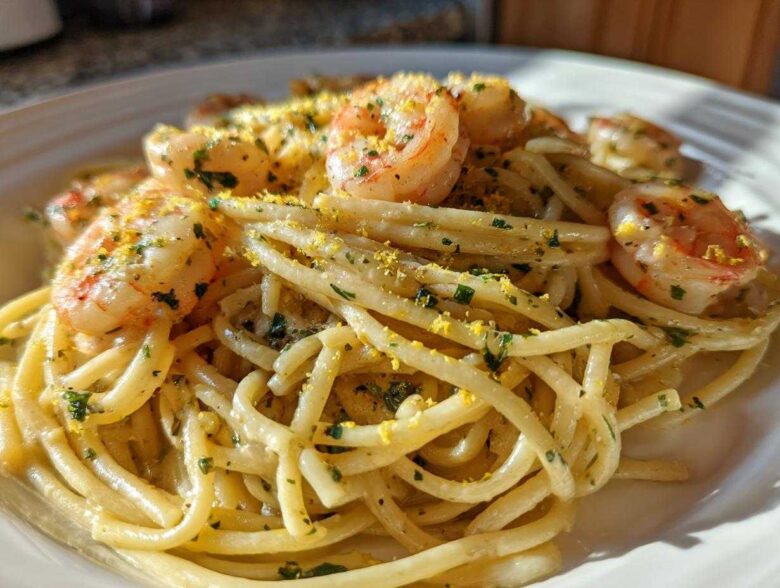 Close-up of Creamy Lemon Shrimp Pasta with Garlic Sauce, topped with shrimp and lemon zest.