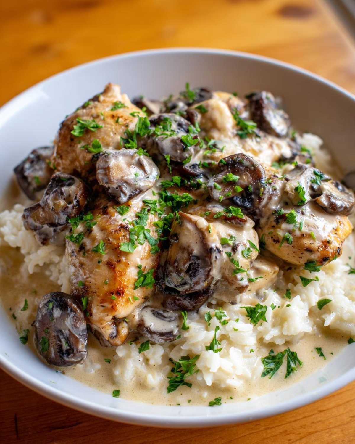 Close-up of Creamy Mushroom Chicken and Rice Skillet served in a white bowl, topped with parsley.