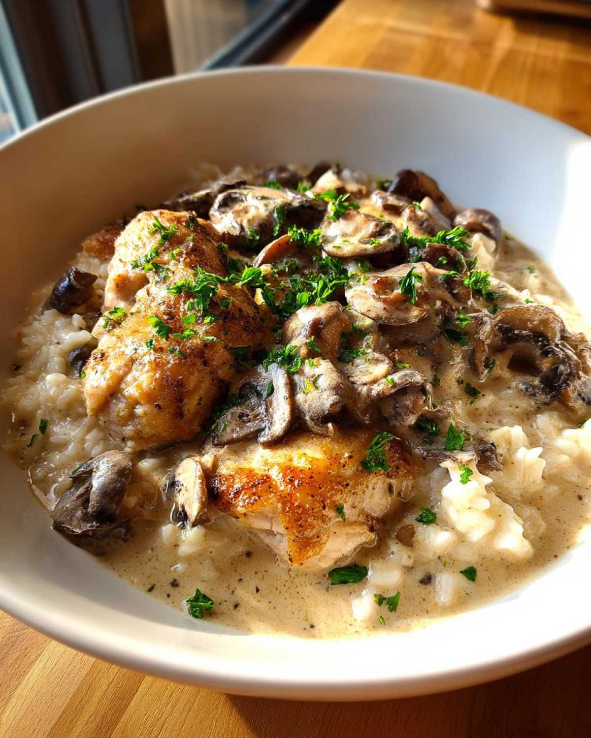 Close-up of a bowl filled with Creamy Mushroom Chicken and Rice Skillet, topped with sautéed mushrooms and parsley.