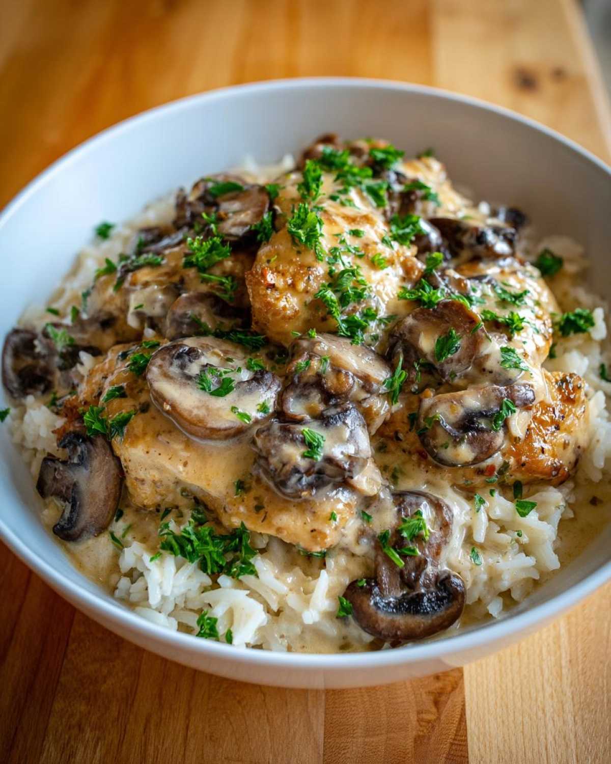 A white bowl filled with Creamy Mushroom Chicken and Rice Skillet, topped with sliced mushrooms and fresh parsley.