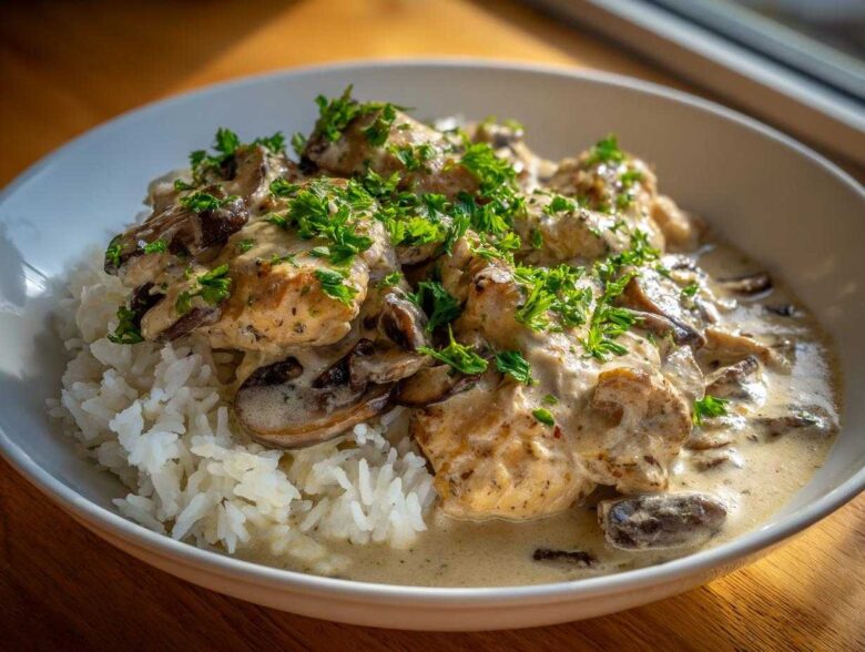 A white bowl filled with fluffy white rice topped with pieces of chicken and mushrooms in a rich, creamy sauce, garnished with fresh parsley, representing the Creamy Mushroom Chicken and Rice Skillet.