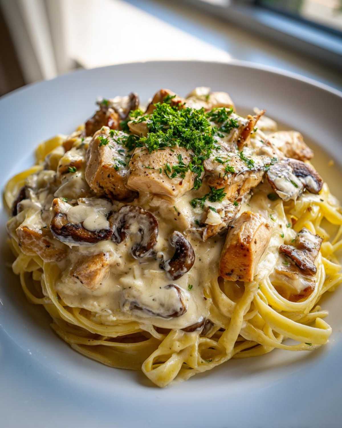 A close-up of fettuccine pasta topped with chunks of seasoned chicken, sautéed mushrooms, and rich garlic sauce, garnished with parsley.