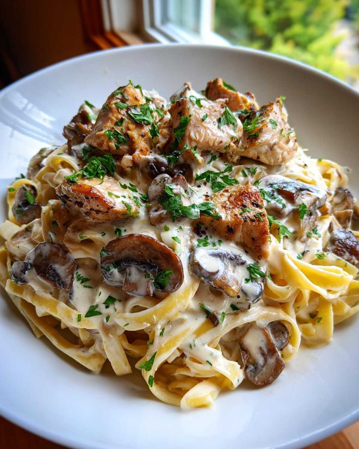 A close-up of Creamy Mushroom Chicken Pasta with Garlic Sauce featuring fettuccine, seared chicken pieces, and sliced mushrooms.