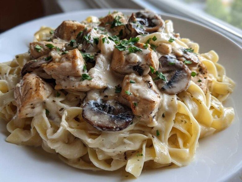 A close-up of a serving of Creamy Mushroom Chicken Pasta with Garlic Sauce, featuring fettuccine, diced chicken, and sliced mushrooms.