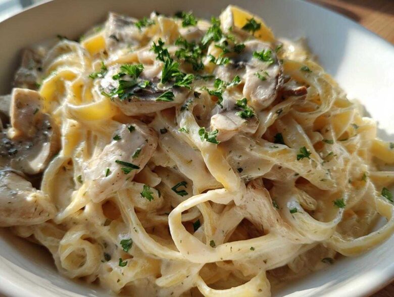Close-up of rich Creamy Mushroom Chicken Pasta with Parmesan, garnished with fresh parsley.