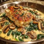 A perfectly seared chicken breast nestled in a rich, creamy sauce with spinach and sliced mushrooms in a skillet.