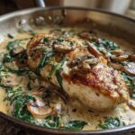 A golden-brown chicken breast served in a stainless steel skillet with creamy sauce, spinach, and sliced mushrooms, ready for the Creamy Mushroom and Spinach Chicken Skillet.