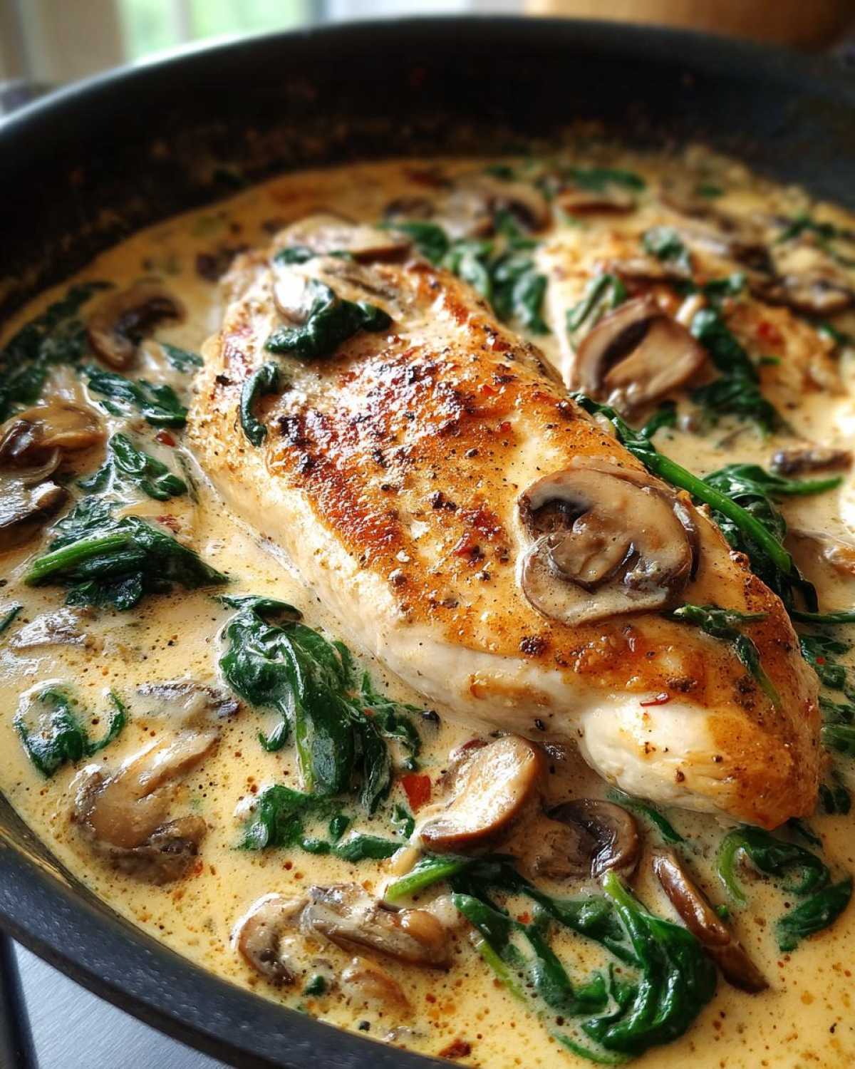 Close-up of a seared chicken breast in a rich, creamy mushroom and spinach sauce in a skillet.