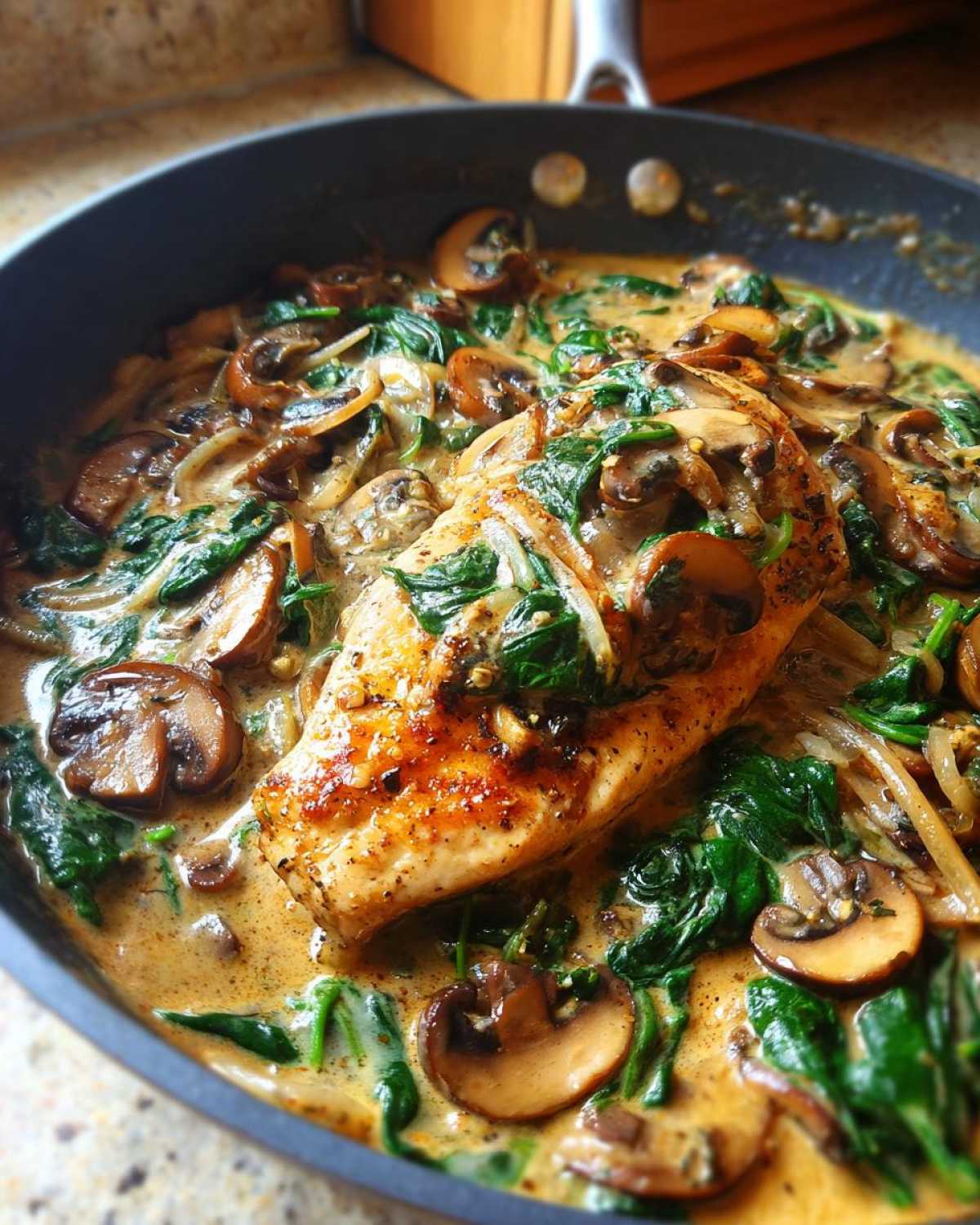 A perfectly seared chicken breast smothered in a rich, creamy sauce with mushrooms and wilted spinach in a black skillet, featuring the Creamy Mushroom and Spinach Chicken Skillet.