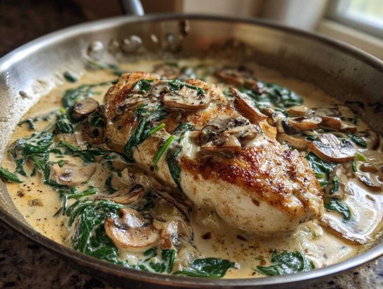 A golden-brown chicken breast served in a stainless steel skillet with creamy sauce, spinach, and sliced mushrooms, ready for the Creamy Mushroom and Spinach Chicken Skillet.