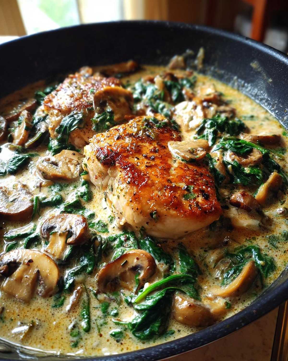 Two seared chicken breasts nestled in a rich, creamy sauce with sliced mushrooms and wilted spinach, part of the Creamy Mushroom and Spinach Chicken Skillet.