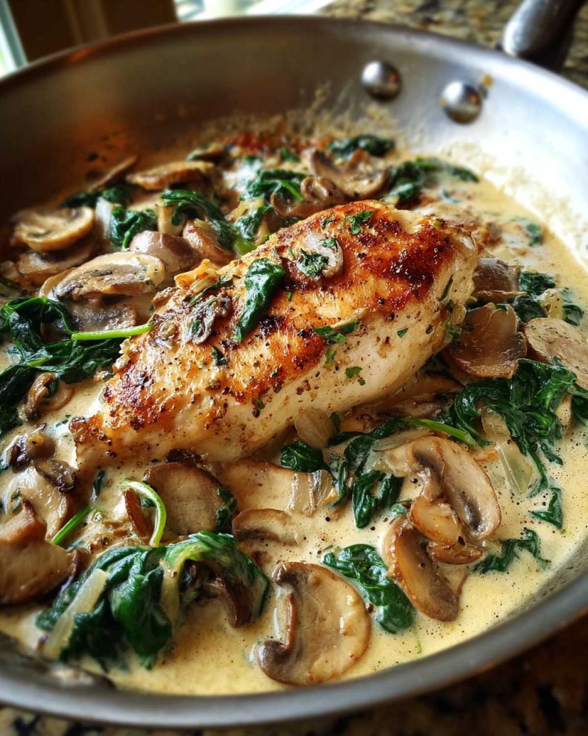 Close-up of seared chicken breast nestled in a skillet with creamy mushroom and spinach sauce, part of the Creamy Mushroom and Spinach Chicken Skillet.