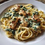 Close-up of a white bowl filled with Creamy Spinach Chicken Pasta with Alfredo Sauce, topped with seasoned chicken pieces.