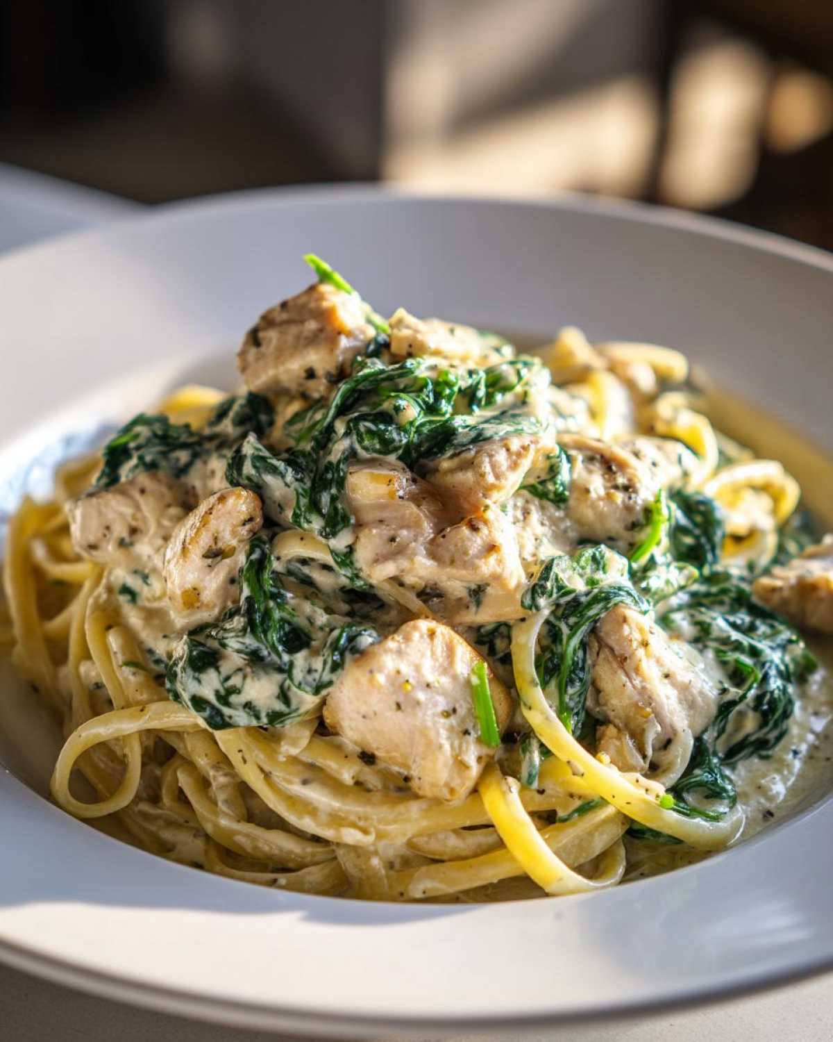 A close-up of a white bowl filled with Creamy Spinach Chicken Pasta with Alfredo Sauce, featuring fettuccine, chunks of chicken, and wilted spinach.