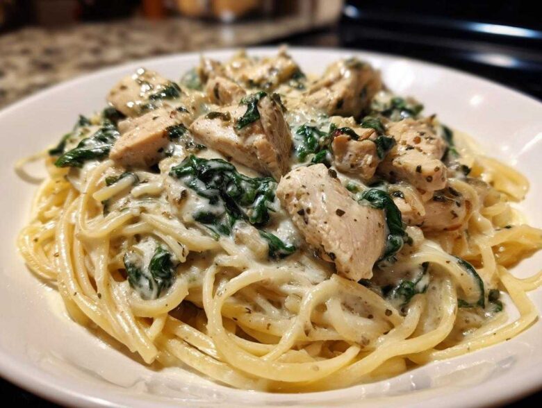 Close-up of a bowl of Creamy Spinach Chicken Pasta with Alfredo Sauce, featuring spaghetti, diced chicken, and wilted spinach.