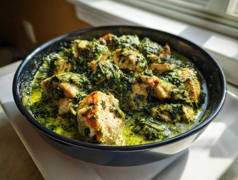 Close-up of seared chicken pieces coated in a rich, green sauce in a Creamy Spinach Chicken Skillet with Parmesan.