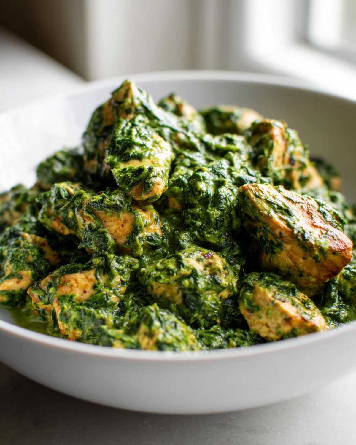 Close-up of tender chicken pieces coated in a rich, green sauce in a Creamy Spinach Chicken Skillet.