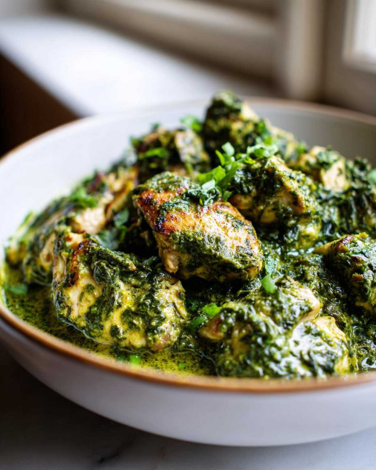 Close-up of seared chicken pieces coated in a vibrant green, creamy spinach sauce, part of the Creamy Spinach Chicken Skillet.