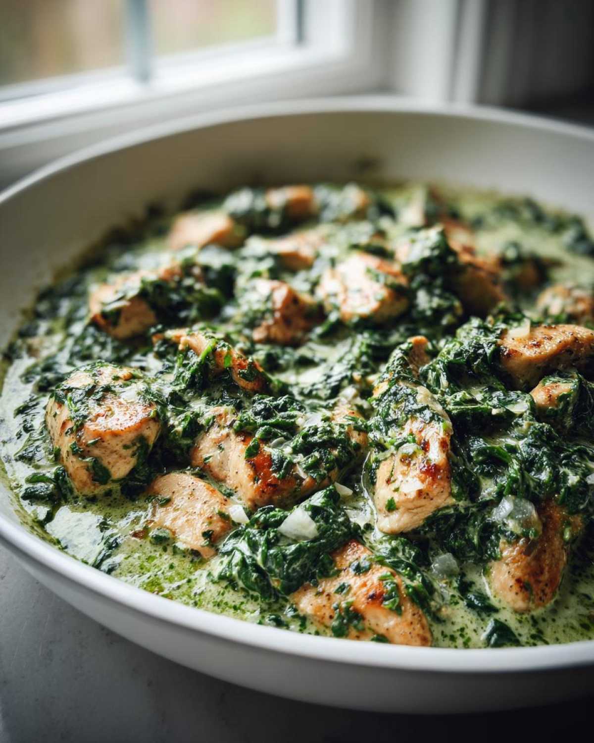 Close-up of seared chicken pieces coated in a rich, creamy spinach and Parmesan sauce in a white skillet.