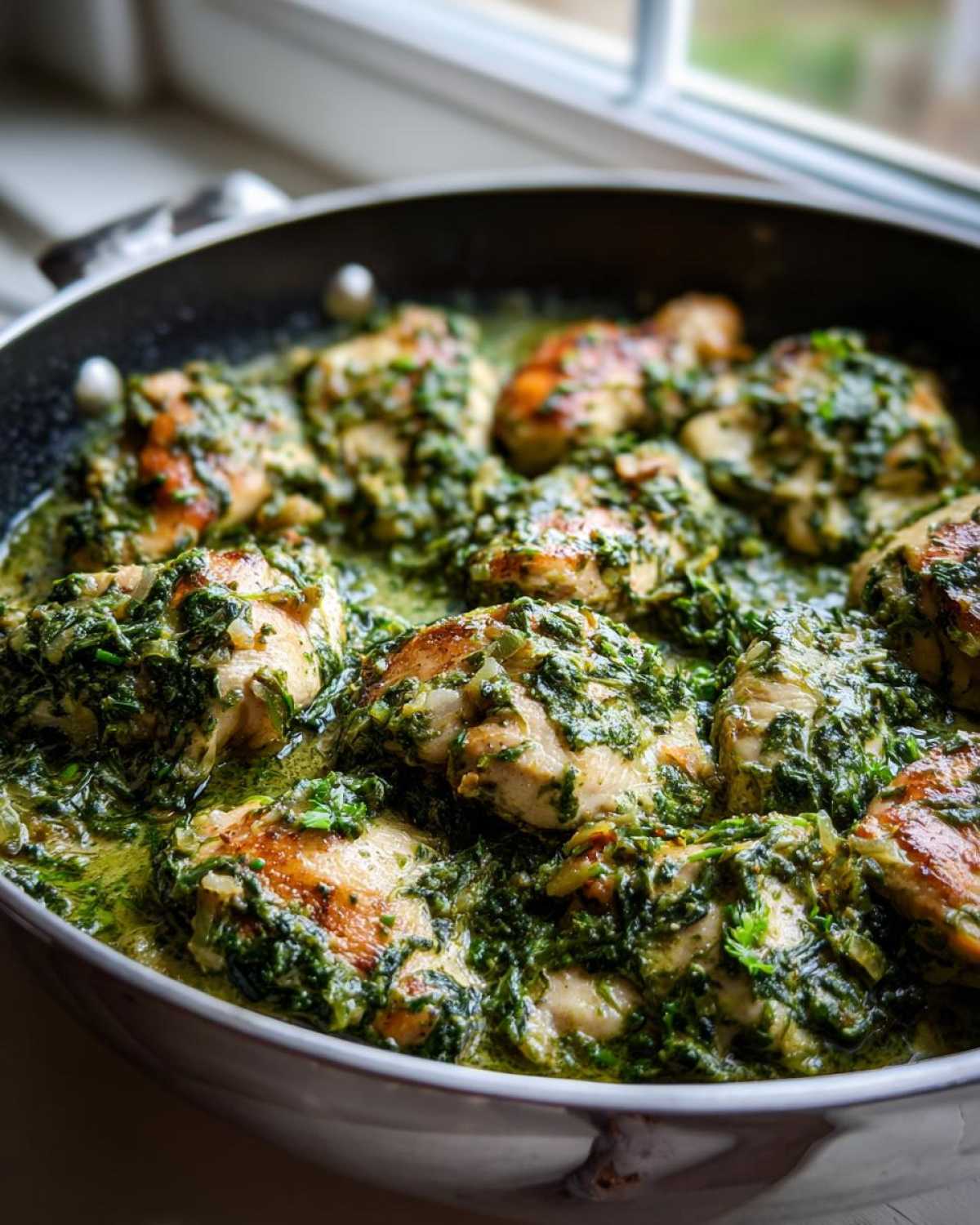 Close-up of seared chicken thighs simmering in a rich, green sauce with spinach in a skillet, ready for Creamy Spinach Chicken Skillet with Parmesan.