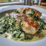 Two perfectly seared chicken breasts resting on a bed of vibrant green spinach in a creamy ricotta sauce.