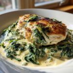 A perfectly seared chicken breast served over a bed of spinach in a rich, creamy sauce for Creamy Spinach Ricotta Chicken Skillet.