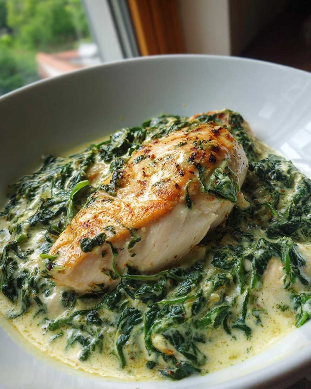 A perfectly seared chicken breast resting atop rich, creamy spinach ricotta sauce in a white bowl.