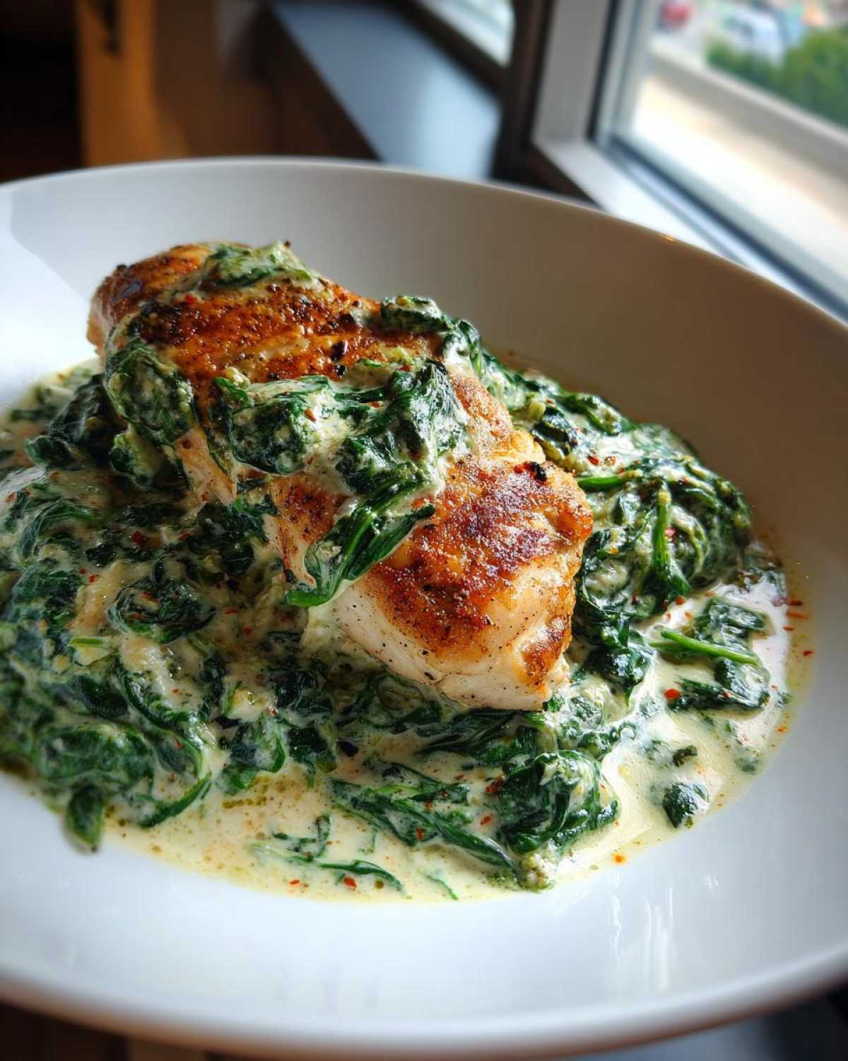 A perfectly seared chicken breast resting on a bed of creamy spinach ricotta sauce in a white bowl.